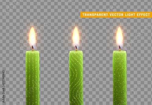 Candles burn with fire. Set of paraffin candles realistic isolated on transparent background. Element for design decor, vector illustration