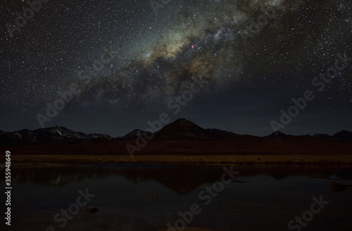 Nocne gwiazdziste niebo oraz nasza galaktyka Droga Mleczna z odbiciem w lagunie w Andach chilijskich - Night starry sky and our galaxy Milky Way with reflection in the lagoon in the Chilean Andes