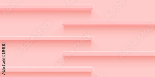 Pink 3d shelf on the wall. Wooden horizontal realistic empty shelf