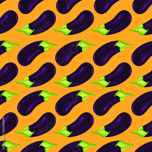 Seamless pattern of purple eggplants on an orange background. Vector hand drawing.