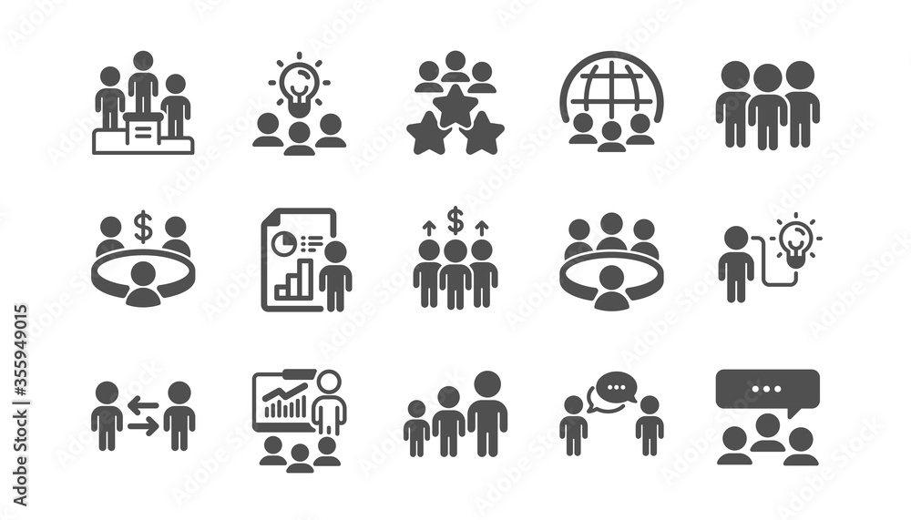 Meeting icons set. Online seminar, classroom, conference. Team, work and business idea icons. Discussion, classroom job, people management. Presentation, office meeting, consultation. Vector Meeting icons set. Online seminar, classroom, conference. Team, work and business idea icons. Discussion, classroom job, people management. Presentation, office meeting, consultation. Vector