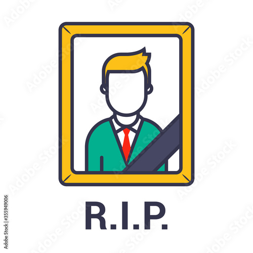 photo of a dead man with a black ribbon. Flat character vector illustration.