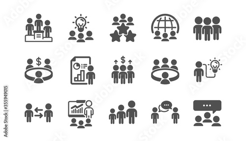 Meeting icons set. Online seminar, classroom, conference. Team, work and business idea icons. Discussion, classroom job, people management. Presentation, office meeting, consultation. Vector