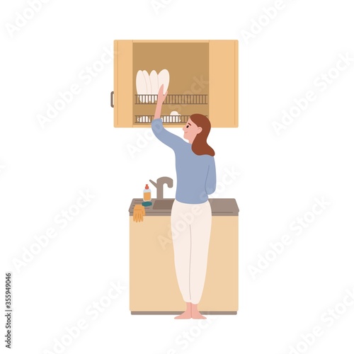 Smiling modern housewife wash dishes at kitchen vector flat illustration. Happy domestic woman enjoy housework isolated on white. Female putting clean plates on shelf. Joyful lady with crockery