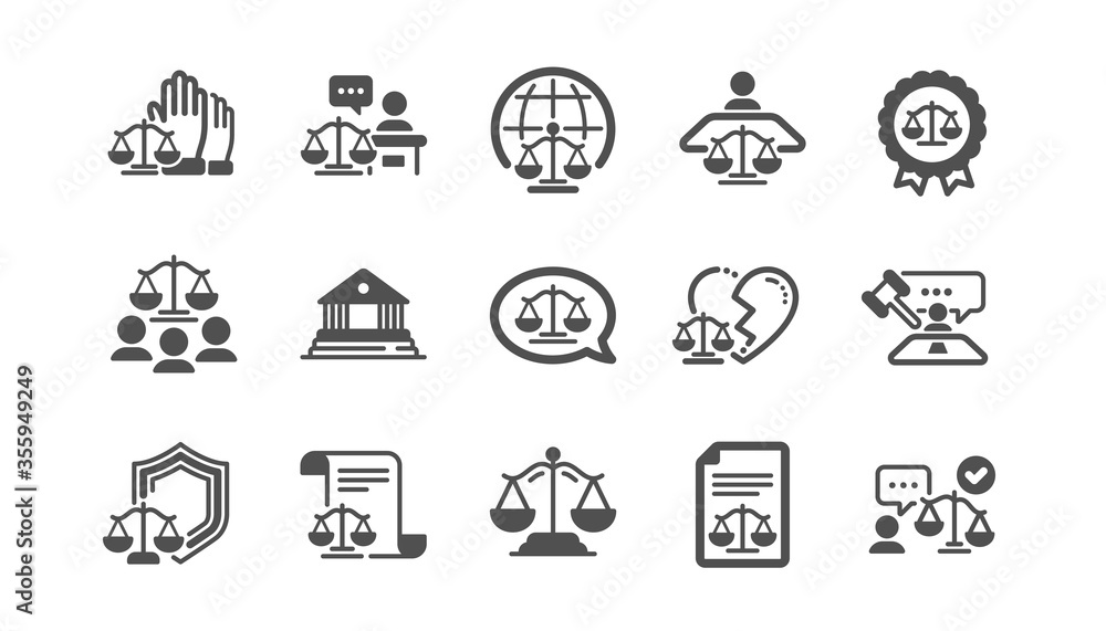 Court icons set. Scales of Justice, Lawyer and Judge. Law, Hammer and Petition document set icons. Judgment, justice, court injunction. Gavel judge hammer, rulings, presiding officer. Vector