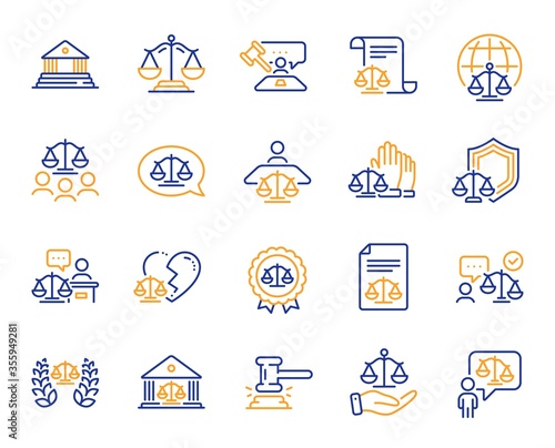 Court line icons. Scales of Justice, Lawyer and Judge. Hammer, Law and Petition document set icons. Judgment, justice, court injunction. Gavel judge hammer, rulings, presiding officer. Vector