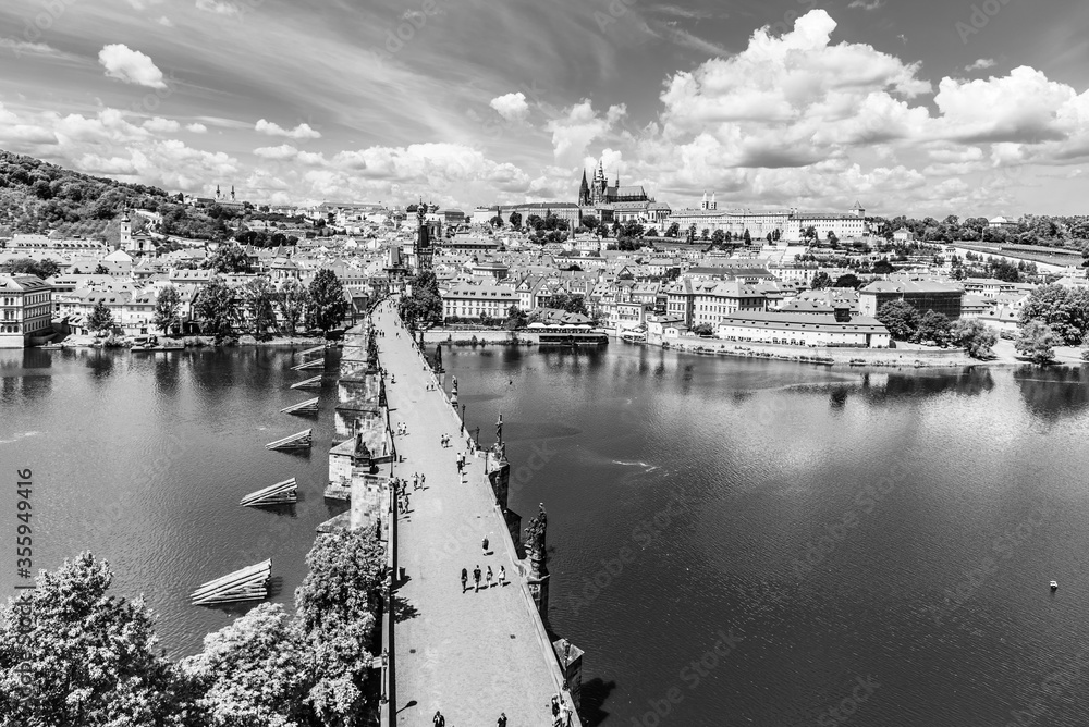 Prague panorama with Prague Castle, and Charles Bridge over Vltava River. View from Old Town Bridge Tower, Czech Republic.