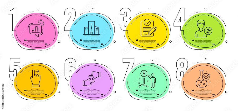 Statistics timer, Person idea and Buildings signs. Timeline steps infographic. Income money, Click hands and Rfp line icons set. Touchscreen gesture, Chemistry lab symbols. Wealth, Direction. Vector Statistics timer, Person idea and Buildings signs. Timeline steps infographic. Income money, Click hands and Rfp line icons set. Touchscreen gesture, Chemistry lab symbols. Wealth, Direction. Vector