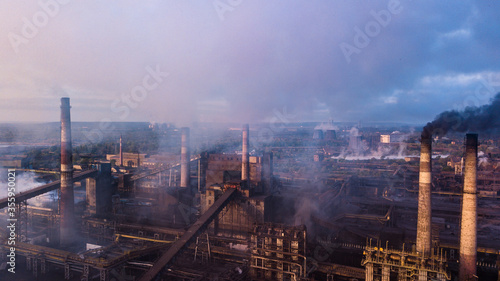 industry metallurgical plant dawn smoke smog emissions bad ecology aerial photography