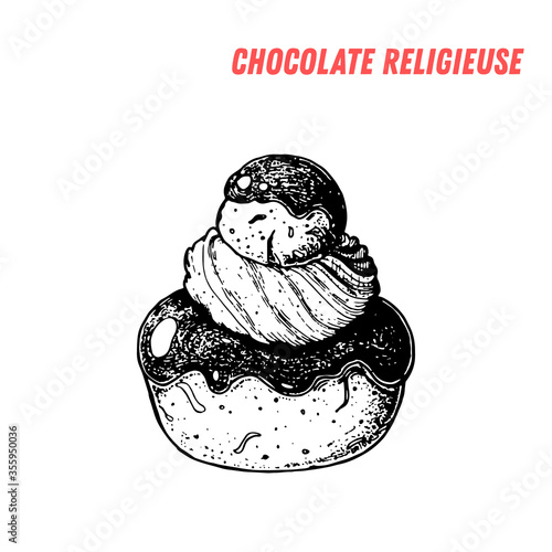 French dessert chocolate religieuse sketch. French pastries . Food menu design template. Hand drawn sketch vector illustration.