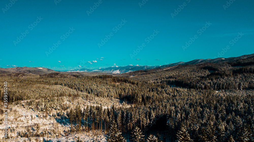Carpathian mountains winter mountain range aerial photography panorama.