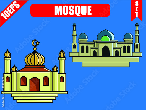 Mosque set. Masjid vector set with blue background.