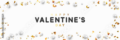 Background with white hearts and round beads strewn with golden confetti. vector illustration