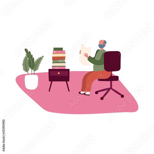 eldery man reading newspaper in home activity free form style