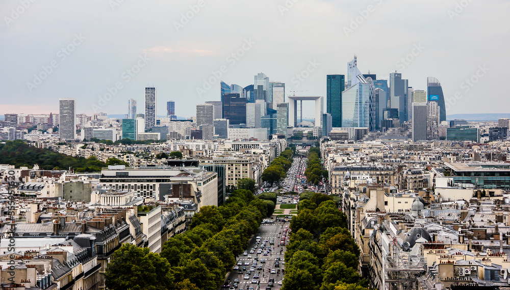 Panorama of Paris, view to Champs Elysees to La Defense from the Arc de Triomphe, France 