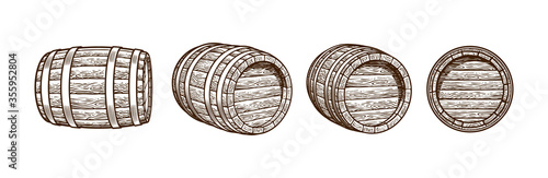 Vintage set of old wooden barrels in different positions. Hand drawn engraving style vector illustrations.