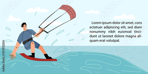 Young smiling kite surfer having fun riding a wave on seascape background web banner template.
