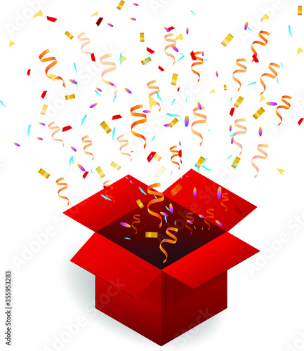 Open red gift box with shadows and confetti. Stock vector illustration on a white isolated background.