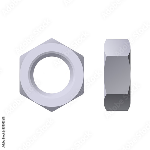 Hexagonal nut top and side view in realistic style