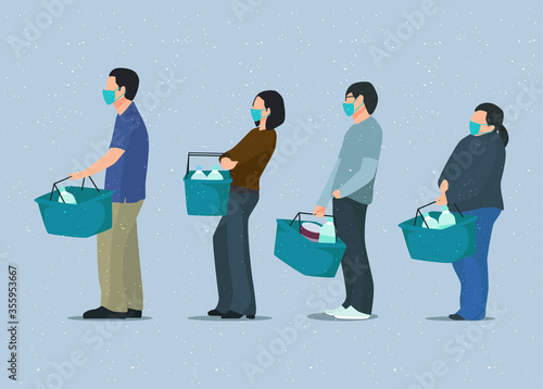 New normal activity, doing antre at cashier with medical mask, physical distancing at market