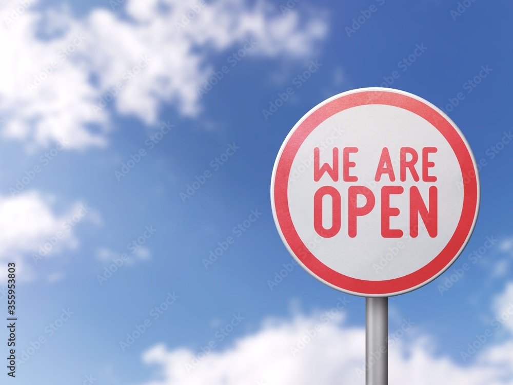 We are open - Road sign on blue sky background We are open - Road sign on blue sky background