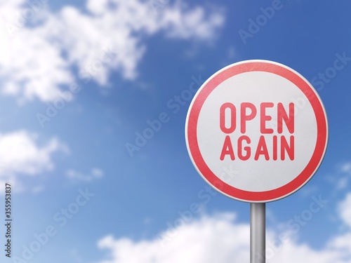 Open again - Road sign on blue sky background