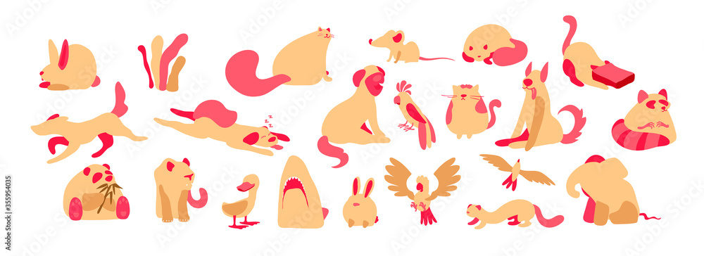 Set wild animals lion and elephant, wolf and panda bear, pets cats and dogs, birds parrot and seagull, duck. Predatory shark head. Mouse and rabbit. Art design illustrations trendy doodle flat style. Set wild animals lion and elephant, wolf and panda bear, pets cats and dogs, birds parrot and seagull, duck. Predatory shark head. Mouse and rabbit. Art design illustrations trendy doodle flat style.