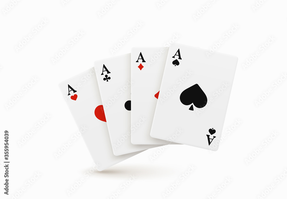 Realistic vector design of winning hand four ace. Playing poker. Set of four of a kind aces playing cards. Combination in poker consisting of four cards of the same value kicker. Realistic vector design of winning hand four ace. Playing poker. Set of four of a kind aces playing cards. Combination in poker consisting of four cards of the same value kicker.