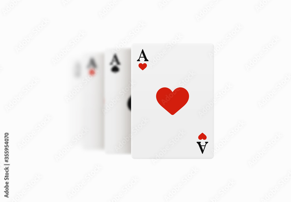 Realistic vector design of winning hand four ace. Playing poker. Set of four of a kind aces playing cards. Combination in poker consisting of four cards of the same value kicker. Realistic vector design of winning hand four ace. Playing poker. Set of four of a kind aces playing cards. Combination in poker consisting of four cards of the same value kicker.