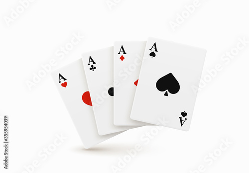 Realistic vector design of winning hand four ace. Playing poker. Set of four of a kind aces playing cards. Combination in poker consisting of four cards of the same value kicker.