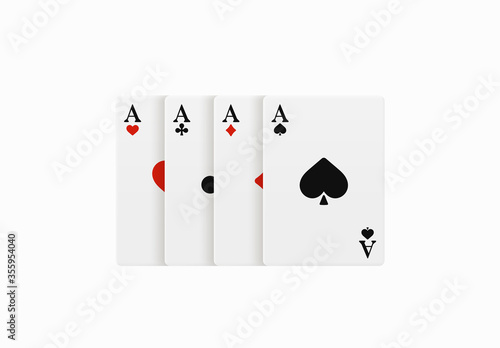 Realistic vector design of winning hand four ace. Playing poker. Set of four of a kind aces playing cards. Combination in poker consisting of four cards of the same value kicker.
