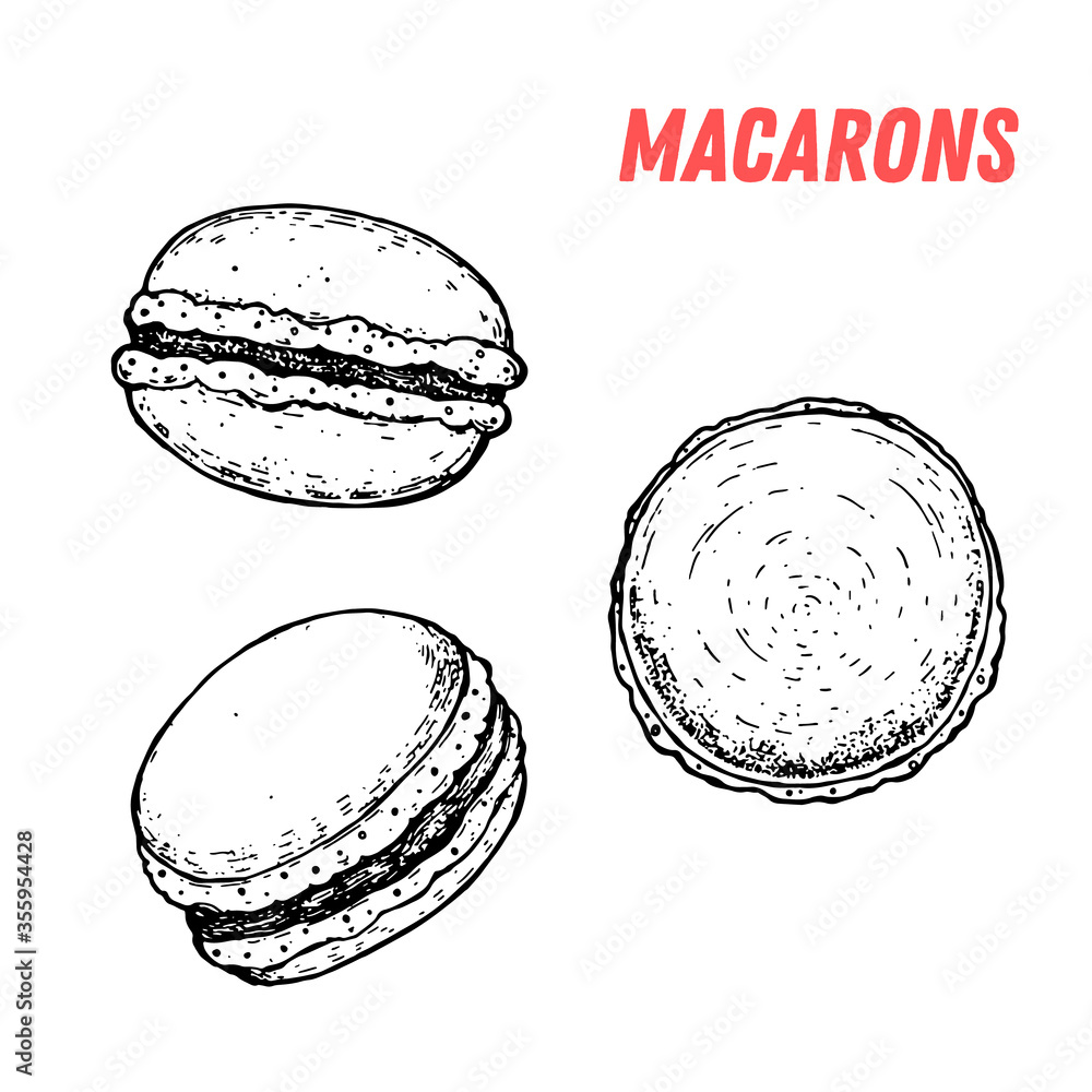 French dessert macaron sketch. French pastries . Food menu design template. Hand drawn sketch