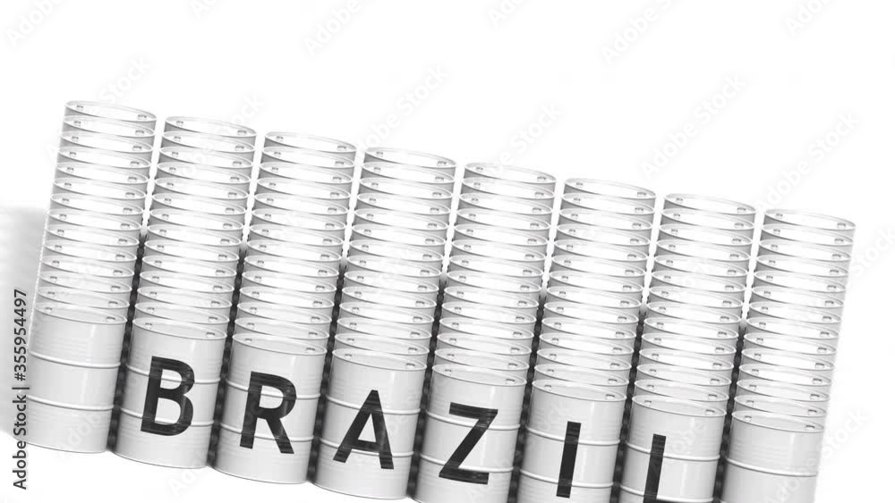 BRASIL country name on steel drums or industrial barrels for transporting liquid fuel, 3D animation BRASIL country name on steel drums or industrial barrels for transporting liquid fuel, 3D animation