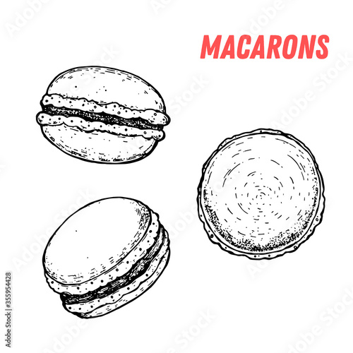 French dessert macaron sketch. French pastries . Food menu design template. Hand drawn sketch vector illustration.