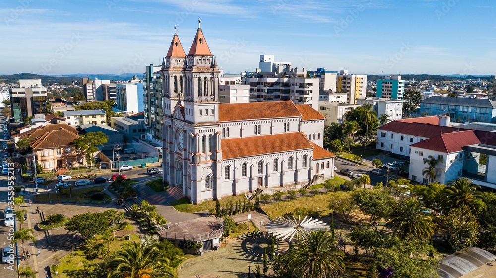 Farroupilha city center - RS. Aerial view of the cathedral and the city center of Farroupilha, Rio Grande do Sul, Brazil