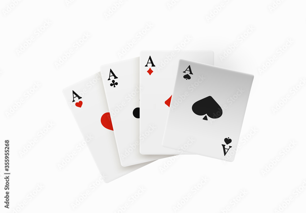 Realistic vector design of winning hand four ace. Playing poker. Set of four of a kind aces playing cards. Combination in poker consisting of four cards of the same value kicker. Realistic vector design of winning hand four ace. Playing poker. Set of four of a kind aces playing cards. Combination in poker consisting of four cards of the same value kicker.