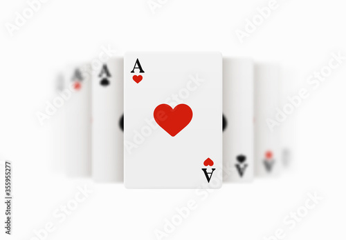 Realistic vector design of winning hand four ace. Playing poker. Set of four of a kind aces playing cards. Combination in poker consisting of four cards of the same value kicker.