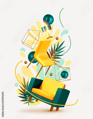 Vector conceptual composition with 3d objects. House interior design. Creative illustration, levitation of furniture, concept of moving, the idea of repairing an apartment. Trendy banner or poster