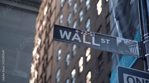 WALL STREET Spelled & Written Street Sign in the Middle of Manhattan, New York, with a Large Building Background. photo