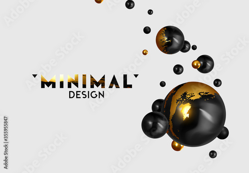 Abstract background with 3d spheres. Realistic group balls of black and gold color. modern minimal design with levitation balls. Glossy bubbles. Trendy banner or poster, cover. Vector illustration