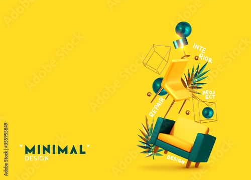 Vector conceptual composition with 3d objects. House interior design. Creative illustration, levitation of furniture, concept of moving, the idea of repairing an apartment. Trendy banner or poster