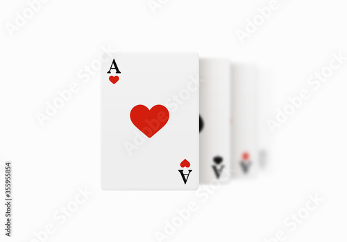 Realistic vector design of winning hand four ace. Playing poker. Set of four of a kind aces playing cards. Combination in poker consisting of four cards of the same value kicker.