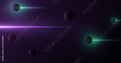 Planets 3d on background of stars and galaxy. Light abstract lines of gamma rays pass through space.