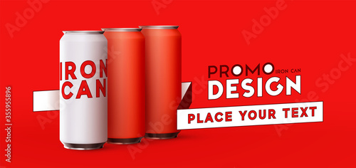 Set of realistic iron cans. Mock up for your promo design. Big and small cans template. Advertising banner, poster, objects are isolated on red background. Vector illustration