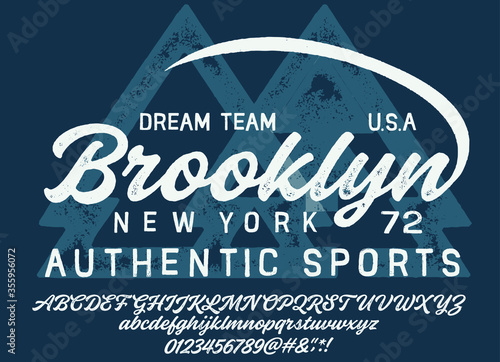 Vintage brush script lettering font. Handwritten calligraphic alphabet for t-shirt or apparel. Textured unique brush in alphabet style.Old school vector graphic for fashion and printing.