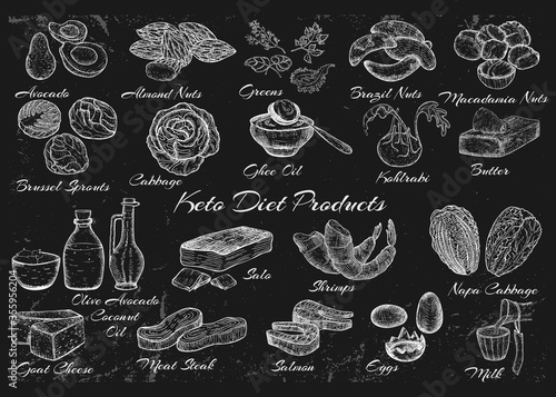 Hand Drawn White Vintage Set with Keto Diet Products
