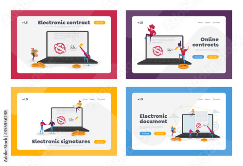 Electronic Contract or Digital Signature Landing Page Template Set. Businessman Character Put Name
