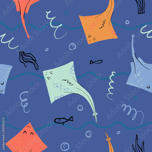 Cute vector seamless pattern on blue background with sea and ocean inhabitant like fish and electric stingray.