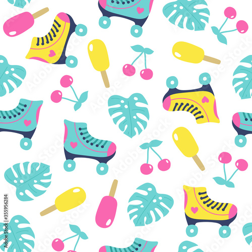 Seamless pattern with roller skates on white background. Vector