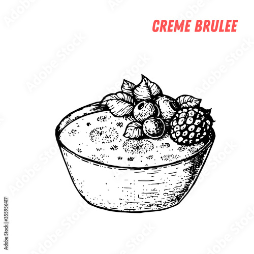 French dessert creme brulee sketch. French pastries . Food menu design template. Hand drawn sketch vector illustration.